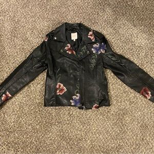 Black faux leather jacket with embroidered flowers